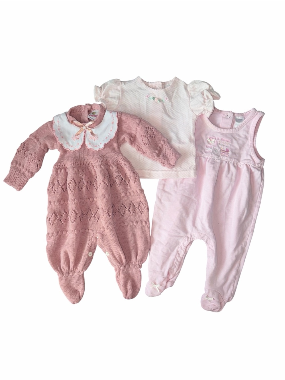 Vintage Y2K Baby Girl Pink 3pc Bundle 0-6M Knit Romper Embroidered Collar Cotton